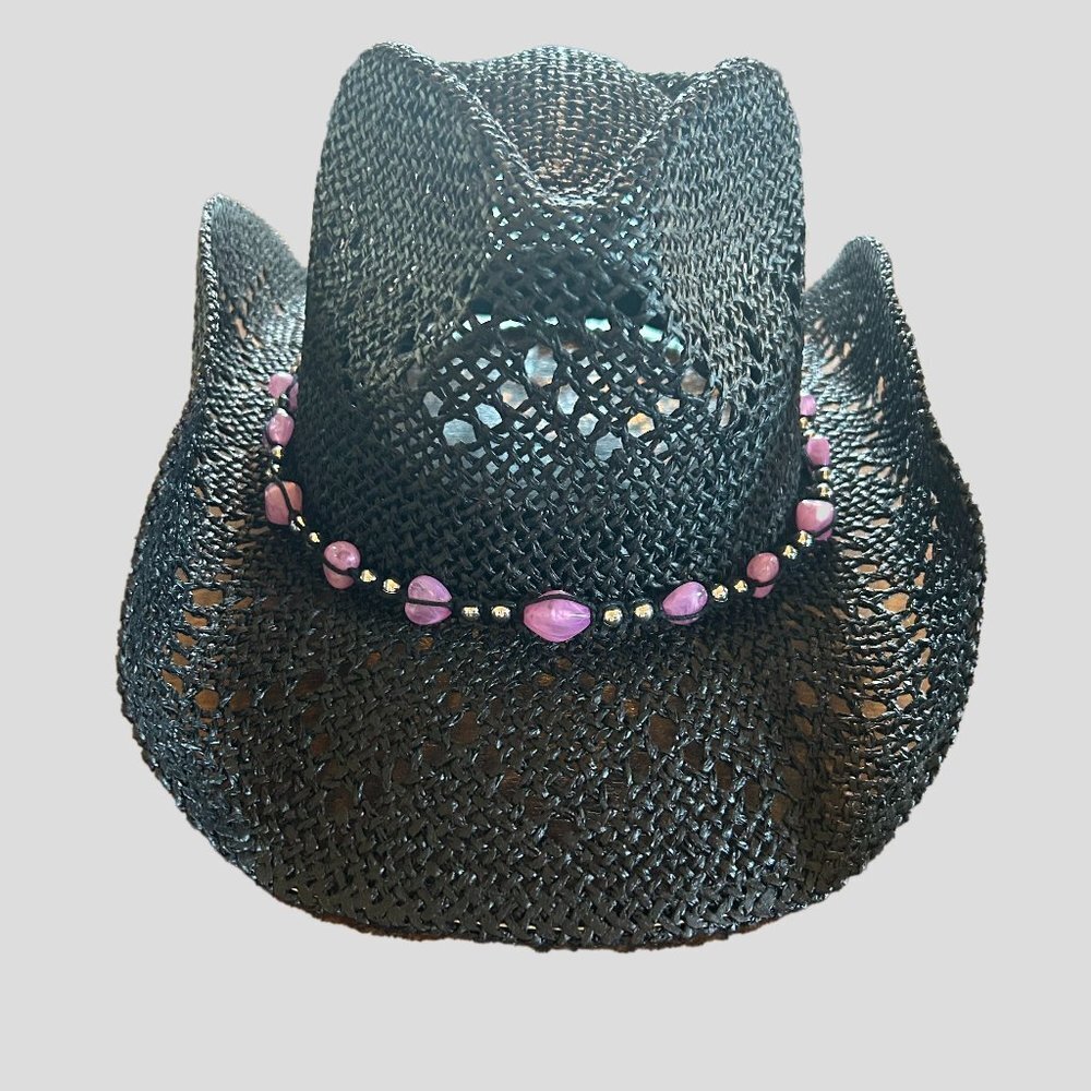 NWOT Straw Cowboy Hat with Pink Beaded Trim  SKU 169